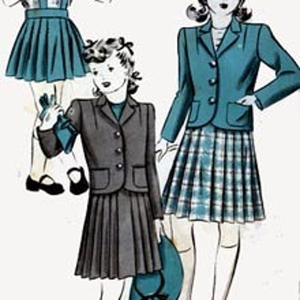 Vintage 1940s Girls Boxed Jacket Suit with Pleated Skirt Sewing Pattern Hollywood Pattern 1181 40s Swing Era Pattern Size 10