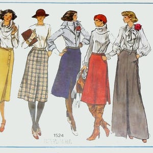 May include: A Vogue's Basic Design sewing pattern envelope featuring five illustrations of outfits with various skirts, including a yellow skirt, a plaid skirt, a blue skirt, a red skirt, and a long grey skirt, paired with blouses and accessories.