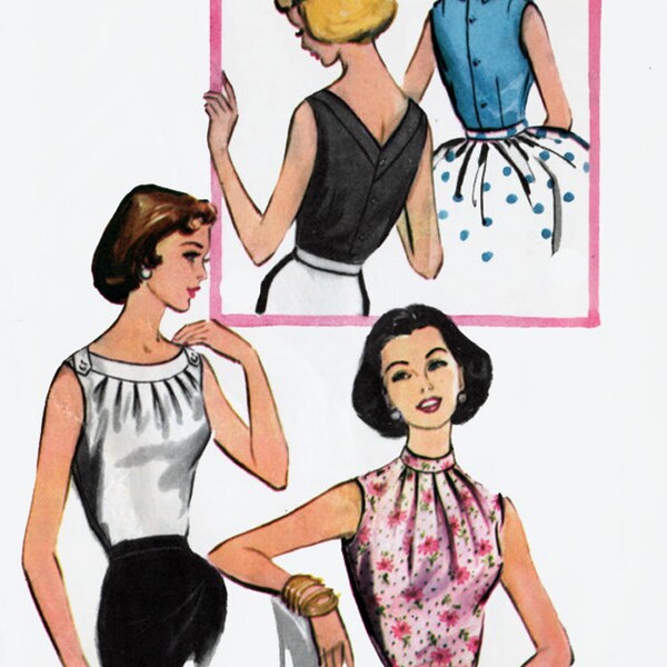 Vintage 1950s Set of Easy to Sew Sleeveless Blouses Boatneck, Pleats, Low V Back Sewing Pattern McCalls 4026 Size 12 Bust 32 UNCUT