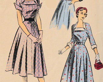 Vintage 1950s LUCY Dress, Full Skirt w/ Fitted Bodice, Neckline Interest, Pointed Cuffs, Advance 5574, Size 15, Bust 33, Hips 36