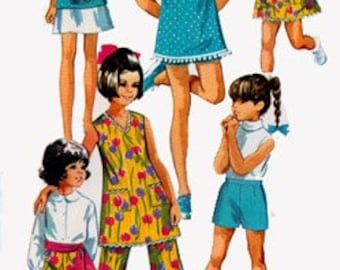 1960s Girls A Line Dress or Sleeveless Tunic Top with Shorts, Shirt and Pants Simplicity 8225 Vintage 60s Mod Sewing Pattern Size 6