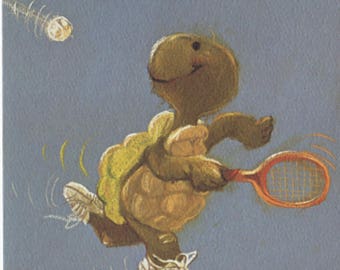 Vintage 70s Suzy's Zoo Greeting Card Tennis Sport Turtle Suzy Spafford