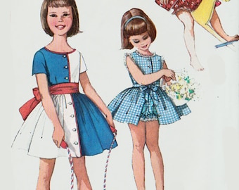 Vintage 1950s Girls One piece Dress in 2 lengths, Panties, and Kerchief Sewing Pattern, Simplicity 3945 Size 4 UNCUT