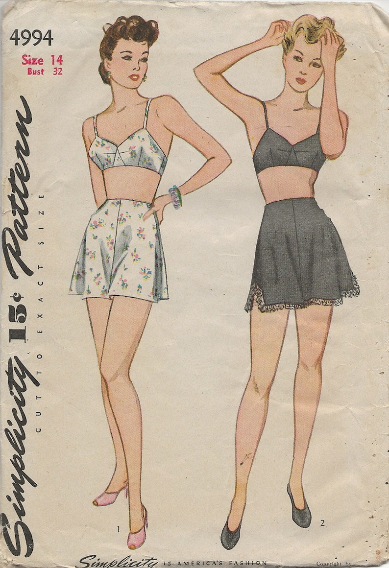 Vintage 1940s Lingerie Pattern Brassiere Bra Tap Panties Knickers Sewing Pattern Simplicity 4994 40s Swing Era Pattern Size 14 Bust 32 image 2