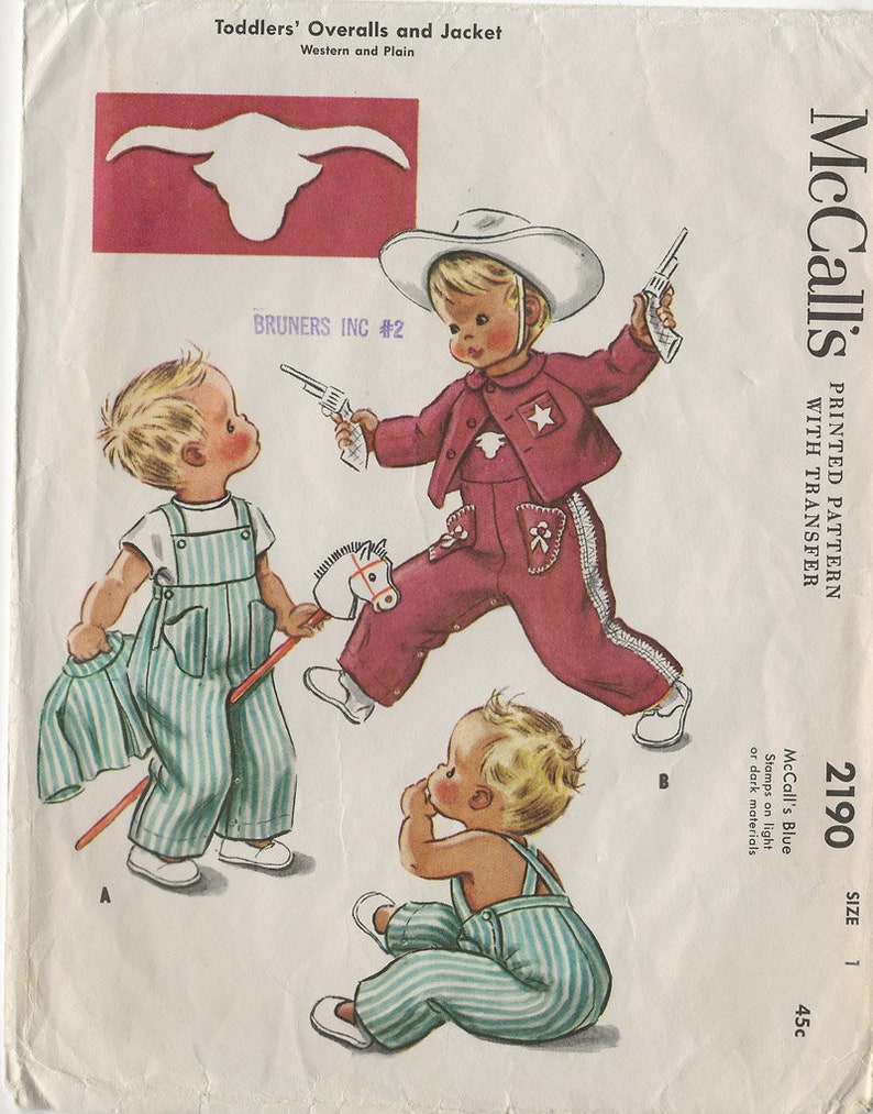 Vintage 1940s SWEETEST Toddler Boys Overalls & Jacket WESTERN or Plain RARE Sewing Pattern McCall 2190 Toddlers Pattern Size 1 Chest 20 image 2