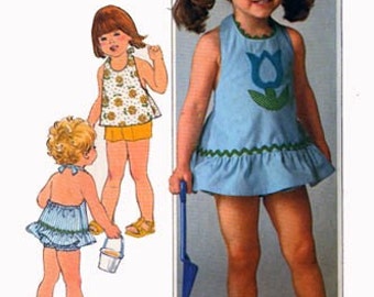 Vintage 70s Simplicity 7553 Toddlers HALTER Dress or Top, Shirts and BLOOMERS Sewing Pattern Size 3