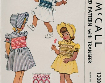 Vintage 1940s SWEETEST Smocked Dress and Bonnet Hat Sewing Pattern McCall 1308  Size 6 mos UNCUT/FF