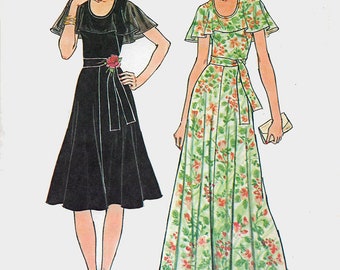 Vintage 1970s Sleeveless Flareed Dress w/ Cape Collar/Sleeves Sewing Pattern Simplicity 7382 70s Retro Pattern Size 12 Bust 34 UNCUT