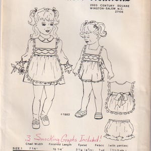 May include: A vintage sewing pattern for a pinafore and sunsuit for a child. The pattern includes instructions for smocking and is for sizes 1-4. The pattern is from Albe Creations, a company based in Winston-Salem, North Carolina.