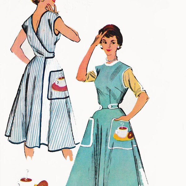 Vintage 1950s Back Wrap Around Apron Dress Sewing Pattern McCalls 1948 50s Sewing Pattern Size Small 10-12 Coffee Cup Donut transfer