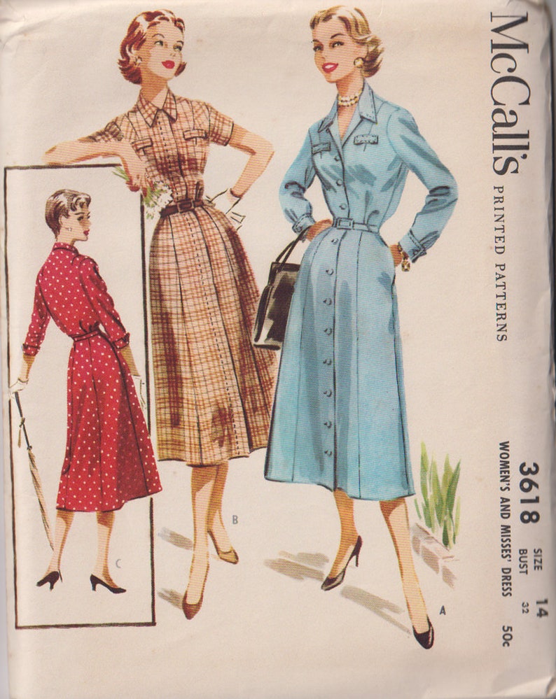 Vintage 50s Shirt Waist Dress Sewing Pattern. McCalls 3618 Size 12 Bust 32. UNCUT. image 2