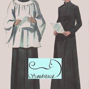 Puede incluir: Una ilustración de patrón de costura vintage con dos figuras. Una viste un sobrepelliz blanco sobre una sotana negra, y la otra un vestido negro largo hasta el suelo de manga larga con cuello alto. Ambas figuras sostienen papeles blancos. Incluye logo Sandritocat.