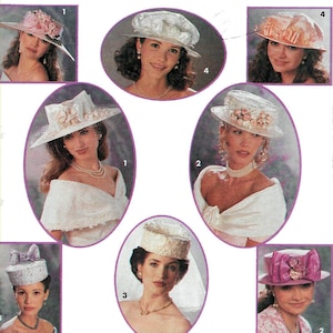 May include: A collection of ten hats for women, each with a different design and color. The hats are made of various materials, including satin, lace, and straw. The hats are all in a variety of colors, including pink, white, and peach.
