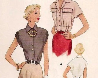 Vintage 1940s CLASSY Blouse with Kimono Sleeves or Gathered Shirred Cap Sleeves Pattern MCCall 7933 Size 14 B32