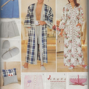 May include: A pattern sheet for various home and leisure items. The sheet features a man in a blue and white plaid robe and a woman in a floral robe. Other items include shorts, slippers, a pillow, and a cosmetic bag. The text "Butterick" and "ONE SIZE" are visible.