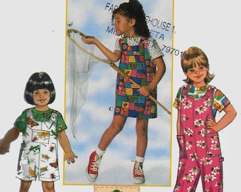 Vintage 1990s Childs Overalls or Romper, Jumper and Top Sewing Pattern Simplicity 7536 Appletree by Fabric Traditions Size 5-6X UNCUT