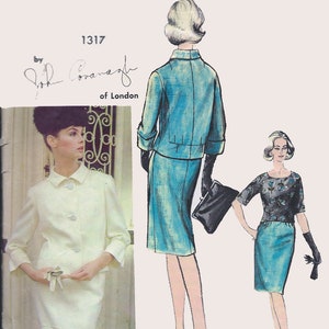 May include: Vintage Vogue Couturier Design sewing pattern number 1317 by John Cavanagh of London. The pattern features three different dress designs, one in white, one in blue, and one in black and white.