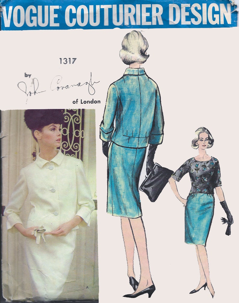 Vintage 60s Mod Designer John Cavanagh of London Fitted Suit and Blouse Sewing Pattern Vogue Couturier Desgin 1317 Sz 12 B 32 image 1