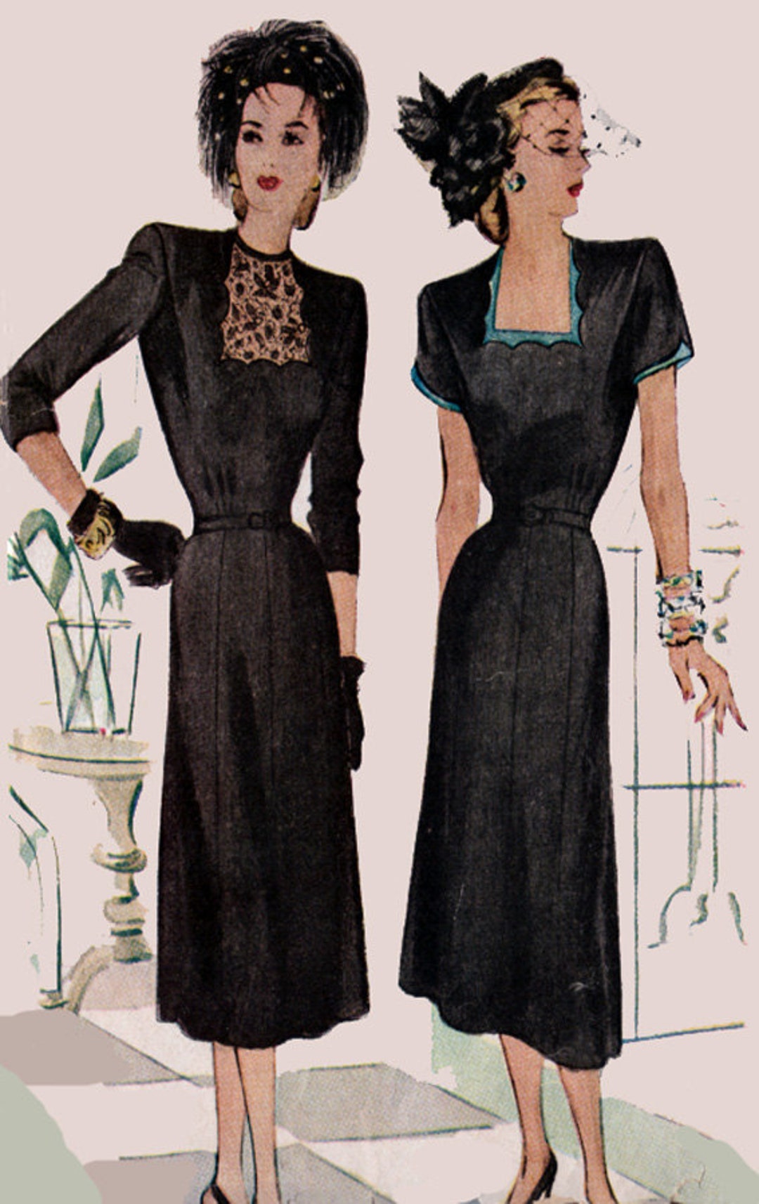 Vintage 40s Swing Era Dress Scalloped Square Neckline Sewing