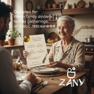 Pode incluir: Uma mulher segura um menu com o texto "Family Name" em uma mesa posta para uma refeição. O menu tem um design em aquarela com um raminho de alecrim. O texto "Designed for: Warm family dinners, holiday gatherings, or rustic restaurants" está no topo.