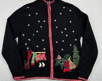 VTG Coldwater Creek Snowflake Ski Scene Zip Up Cardigan Sweater Women L Holiday