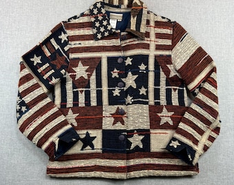 Vintage Coldwater Creek Americana USA Tapestry Jacket Women S Stars Stripes