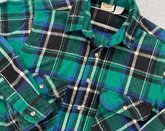 VTG Five Brother Plaid Heavy Flannel Shirt Men Medium Green Cotton Workwear