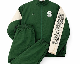 VTG 90s Reebok Michigan State Tracksuit Set Men Medium Green Varsity Retro