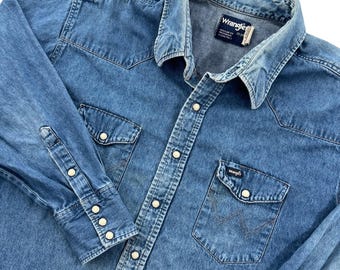 VTG 80s Wrangler Denim Western Shirt Men XXL 20-34 Blue Pearl Snap Cowboy Faded