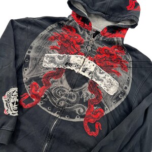 Y2K Gold Label Hoodie Mens L Black Red Graphic Medusa Patch Zip Up Grunge Cyber