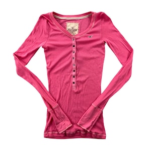 Hollister Ribbed Henley Top Women Medium Pink Fitted Y2K Babytee Long Sleeve