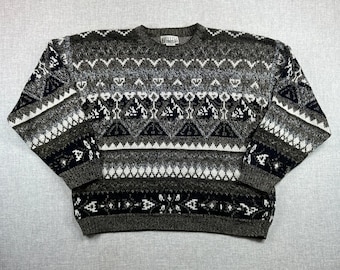 VTG 90s City Streets Fair Isle Sweater Men XL Black Gray Nordic Knit Retro Dad