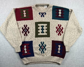 VTG Y2K Claiborne Southwest Geometric Knit Sweater Men XL Beige Cottage Retro