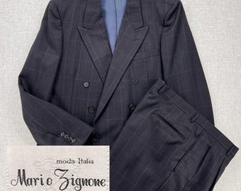 VTG 90s Mario Zignone Suit Windowpane Plaid Men 44 40x34 Double Breasted Peak