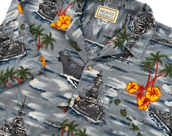VTG Kalaheo Hawaiian Shirt Mens 2XL Blue Battleship Pearl Harbor Aloha Hibiscus