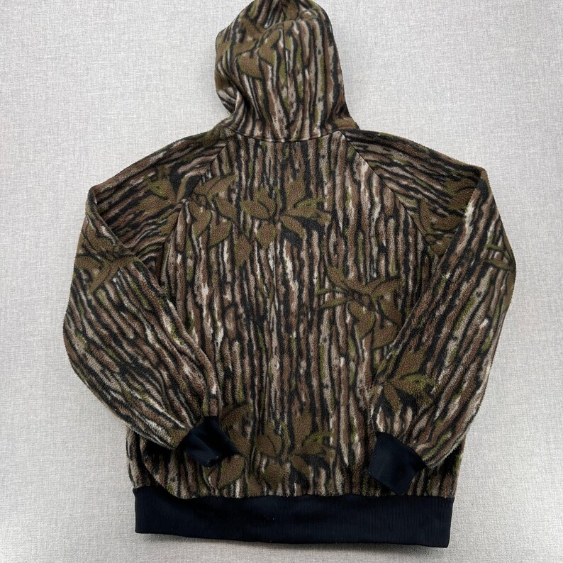 VTG Y2K Cabelas Treebark Hooded Camo Fleece Jacket Men XXL Mossy Oak Hunting USA image 2