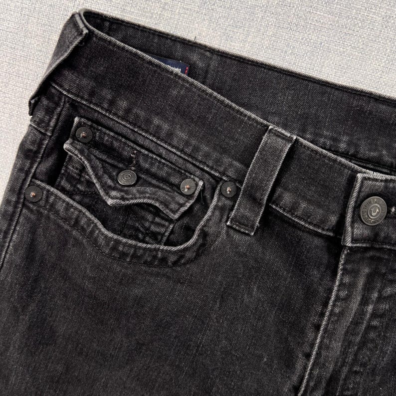 True Religion Ricky Relaxed Straight Jeans Mens 36x31 Black USA Made Denim Flaps image 3