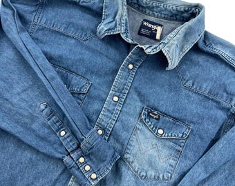 VTG 80s Wrangler Denim Western Shirt Men XXL 20-34 Blue Pearl Snap Cowboy Fade
