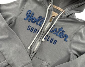 Y2K Hollister Full Zip Hoodie Sweatshirt Women L Gray Surf Club Embroidered Logo