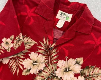 VTG KY'S Hawaiian Shirt Men Small Red Floral Palm Made in USA Tropical Resort