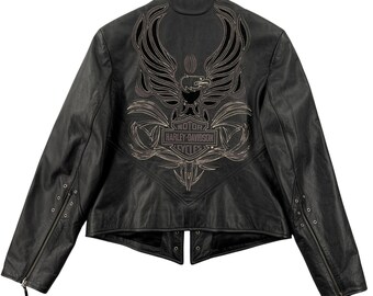 Y2K Harley-Davidson ISIS Eagle Black Leather Biker Jacket Women Large Moto VTG