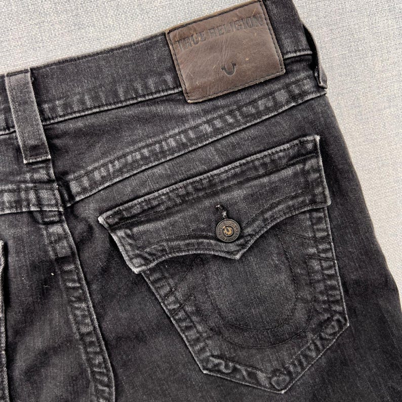 True Religion Ricky Relaxed Straight Jeans Mens 36x31 Black USA Made Denim Flaps image 4