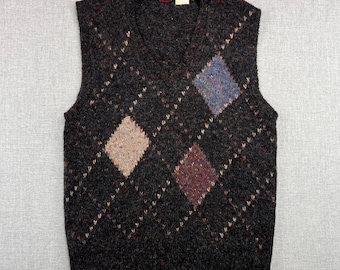 VTG 90s Bachrach Argyle Sweater Vest Men XL Flecked Charcoal Wool Academia Prep