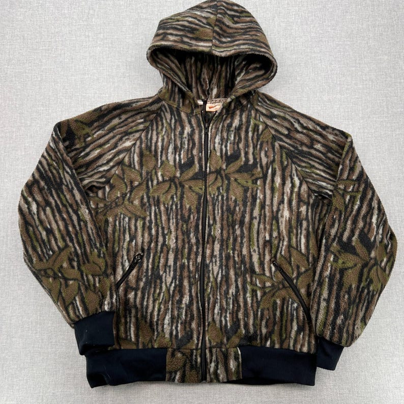 VTG Y2K Cabelas Treebark Hooded Camo Fleece Jacket Men XXL Mossy Oak Hunting USA image 1