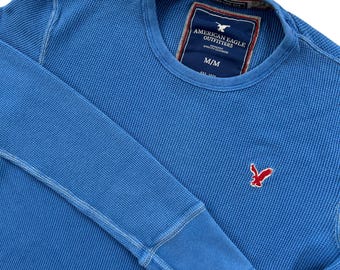 Y2K American Eagle Waffle Knit Shirt Mens M Blue Long Sleeve Vintage Fit Thermal
