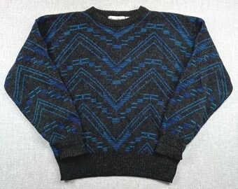 Vintage 90s Michael Gerald Sweater Gray Blue Geometric Knit Retro Dad Mens Large
