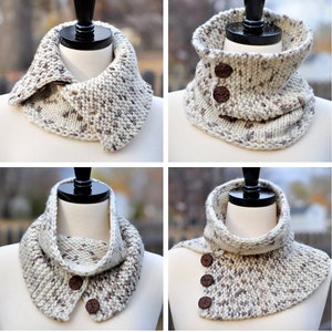 Puede incluir: Cuatro estilos diferentes de cuellos de punto con botones marrones. Los cuellos están hechos con un hilo jaspeado crema y marrón.