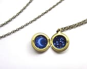 Leo Constellation Tiny Locket, Hand-Painted Vintage Brass Necklace with Crescent Moon