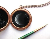 Hand-Painted Crescent Moon in Vintage Copper Locket, One of a Kind Astronomy Necklace