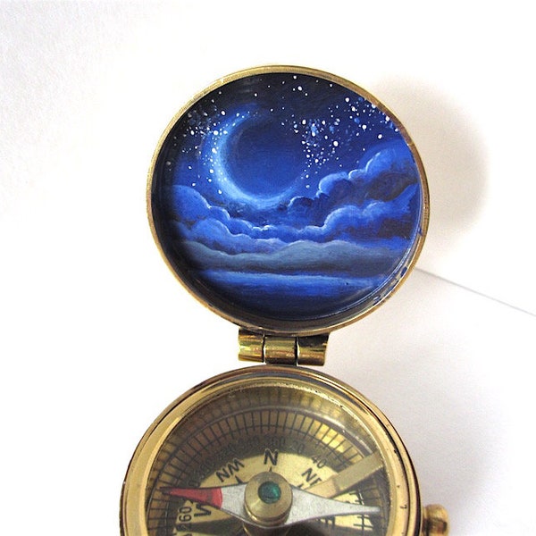 Lunar Eclipse Hand-Painted Pocket Compass, Solid Brass, Celestial Night Sky